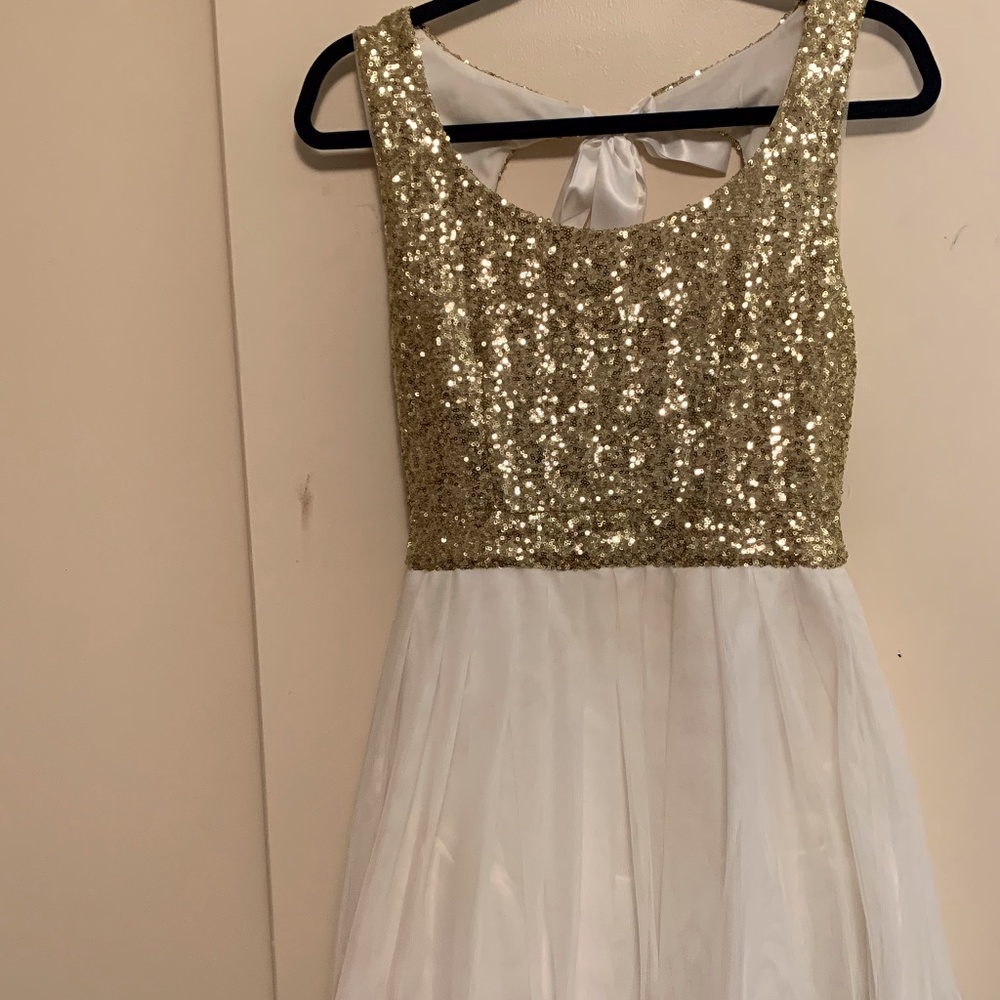 Gold Sequence Bodice with a White Satin, Tulle